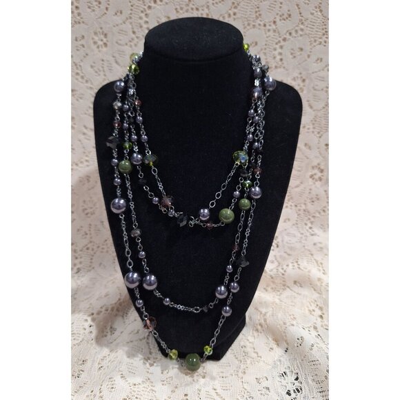 NWT Express Two-Strand Multicolor Beaded Necklace With Silver-Tone Chain & Adjus - Picture 1 of 6
